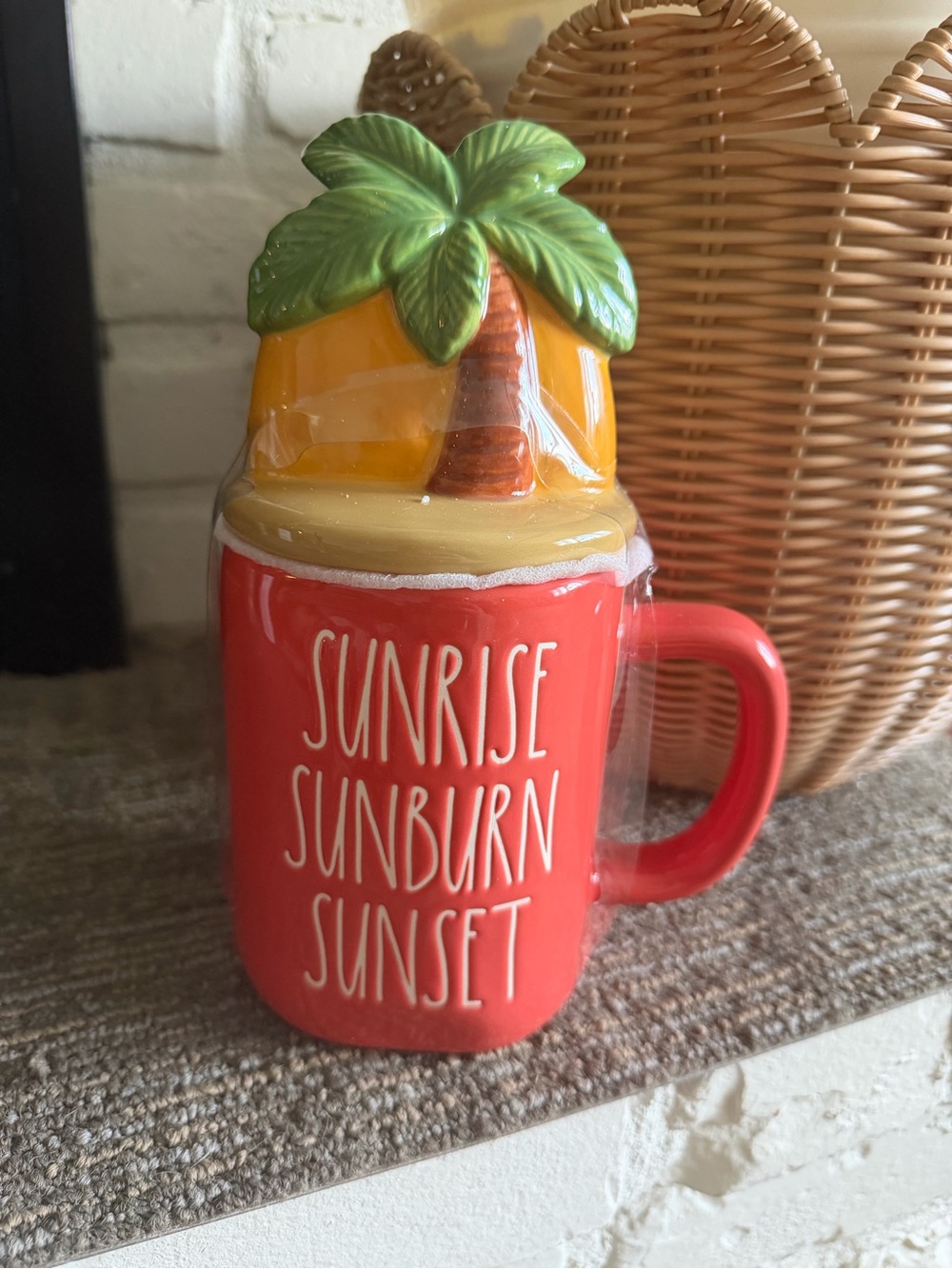 Rae Dunn Red Ceramic Mug with Tropical Palm Lid